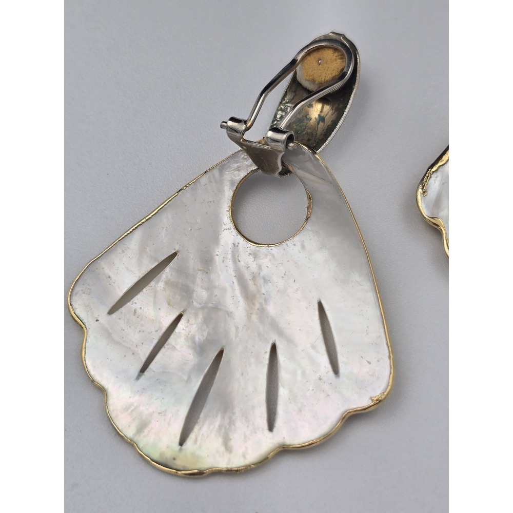 Elegant Mother of Pearl Fan Dangle Clip-On Earrings Gold &‎ Silver Tone Fashion - Picture 9 of 9